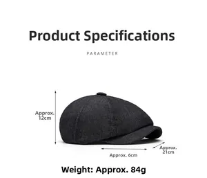 Detail view of newsboy cap with dimensions: 12cm height, 6cm brim, 21cm width, 84g weight