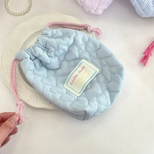 Light blue quilted heart texture camera storage pouch with pink drawstring closure