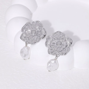French vintage silver flower stud earrings with baroque pearl drops and 18K gold plating