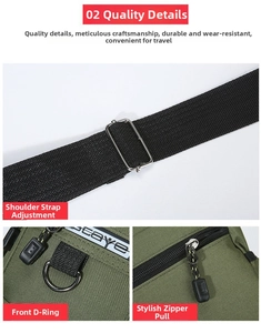 Detail of adjustable nylon strap, metal D-ring and durable zipper on crossbody bag