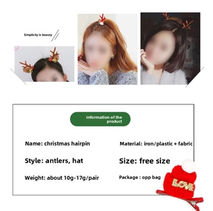 Close-up of Christmas hair clips featuring reindeer antlers and red knitted hats with bells