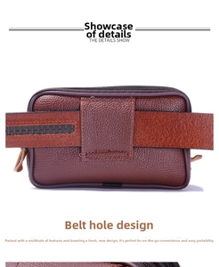Detailed view of brown litchi grain leather waist bag with functional belt loop design