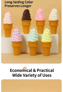 Detailed view of colorful artificial ice cream cones in various soft pastel shades