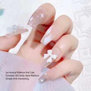 Nœuds 3D aurore blanche pour nail art avec paillettes d'étoiles sur ongles nude