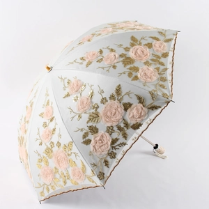 Detail of grey lace sun umbrella with 3D pink floral embroidery and golden leaf silk stitching