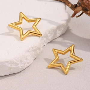 Close-up of gold hollow star stud earrings on a textured stone surface with dry branches