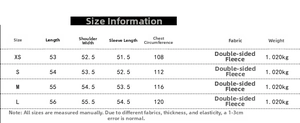 Size chart table for double-sided fleece jacket showing length, shoulder and bust measurements