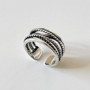 Retro S925 sterling silver multi-layer open ring with vintage twisted rope texture