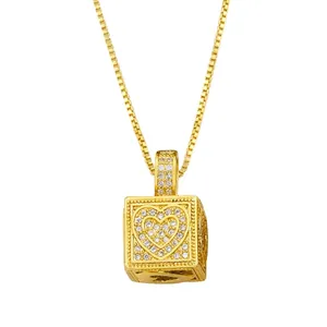 Goldener Würfel-Anhänger mit Zirkonia-Herzmuster und stabiler Box-Kette für Damen