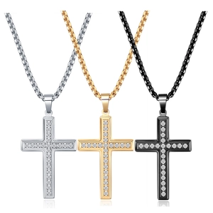 Cross Pendant Necklace 304 Stainless Steel Rhinestone Inlaid Box Chain Trendy Simple Jewelry Unisex Hip Hop