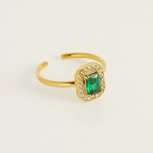 Adjustable gold plated ring with a rectangular green zircon stone and halo crystals