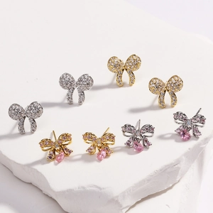 Sweet Bowknot Heart Stud Earrings Copper Pink Colorful Cubic Zirconia Elegant Jewelry For Women