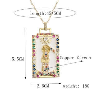 Detailed dimensions of tarot style reaper pendant with colorful zircon inlays on gold chain