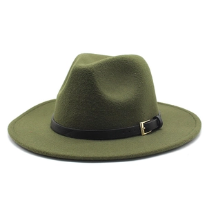 Detail of olive green wool fedora hat featuring a black leather belt with gold buckle
