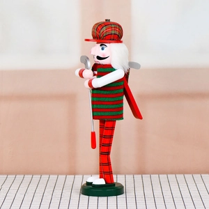 Golf themed Christmas nutcracker 36cm wooden puppet with red green stripes and club