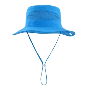 Close-up of bright blue kids sun hat with breathable side mesh and adjustable wind cord