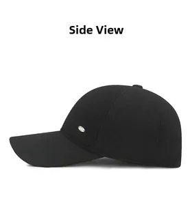 Side view of black winter baseball cap featuring velvet material and silver metal buckle detail