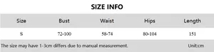 Detailed size chart for the mesh backless long sleeve dress with measurements in cm