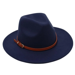 Detail of navy wool fedora hat featuring a brown leather band and gold metal buckle