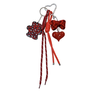 Red leopard print bear keychain charm with plush bow and heart pendant bag accessory