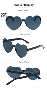Vue triple de lunettes de soleil sans monture en forme de cœur avec des verres gris