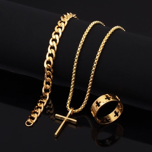 Gold-plated hip hop set with cross pendant necklace, Cuban chain bracelet, and ring