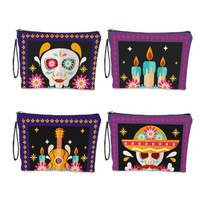 Set of four Day of the Dead makeup bags with colorful skull patterns and zippers