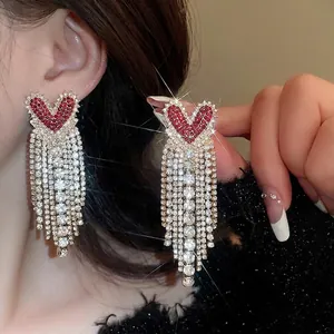 Sparkling red heart rhinestone tassel drop earrings with silver long crystal fringes
