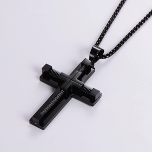 Cool black stainless steel cross necklace with industrial steel cable inlay for men