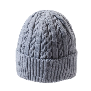 Winter knitted beanie in grey with chunky cable knit texture and wide ribbed cuff for warmth