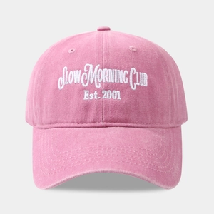 Rose pink cotton baseball cap with Slow Morning Club white embroidery in a retro style