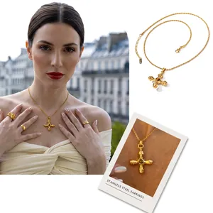 Vintage Cross Pendant Necklace 18K Gold Plated Stainless Steel With Tiger Eye And Green Stone Fashion Jewelry