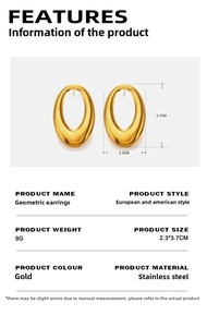 Detailed view of gold oval hollow earrings with measurements 2.3cm by 3.7cm
