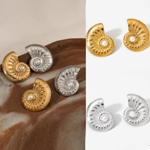 Stainless Steel Conch Shell Artificial Pearl Stud Earrings PVD Gold Plated Nautilus Spiral Design Vintage Ocean Style For Women