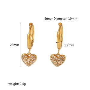 Gold heart drop earrings in stainless steel with cubic zirconia and dimension details