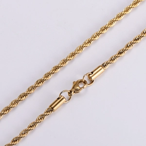 Detailed golden stainless steel rope chain necklace with a secure lobster clasp closure