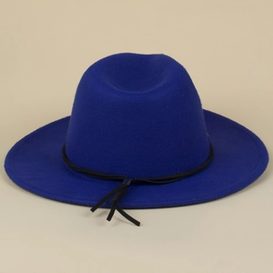 Nahaufnahme der royalblauen Wollfilzhut-Krone mit schwarzem Kordelband im Retro-Stil