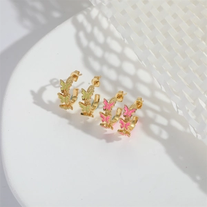 Fashionable C-shaped hoop earrings with green and pink butterfly charms for women