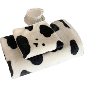 Thick black and white cow print coral fleece towel set with cute animal embroidery