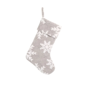 Gray plush Christmas stocking with white snowflake patterns for holiday home decor