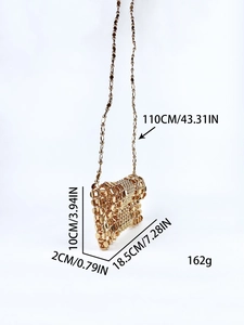 Silver woven metal mini crossbody bag with 110cm strap and detailed size dimensions