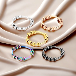 Stainless Steel Rotatable Fidget Ring For Anxiety Relief 10 Beads Spinning Stress Ring Unisex Fashion Minimalist Finger Ring Jewelry