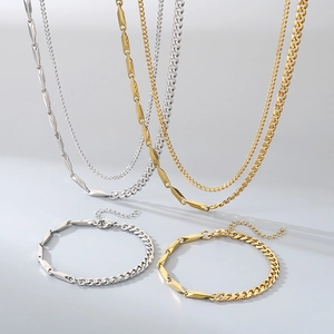 Stainless Steel Jewelry Layered Cuban Chain Geometric Bar Link Necklace Bracelet Unisex Fashion Ins Style