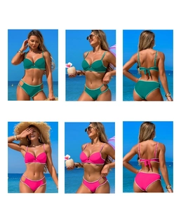 Detailed scalloped trim and side cut-outs on vibrant two-piece bikini beachwear
