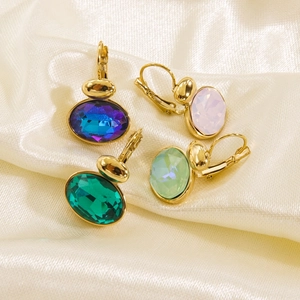 Oval multi-color crystal hoop earrings in gold plated stainless steel for women