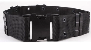 Detail of black tactical belt showing durable nylon webbing and quick-release buckle
