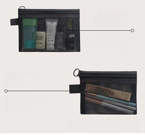Close-up of black mesh storage pouches showing medium and small sizes for cosmetics