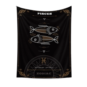 Detail of Pisces zodiac tapestry with gold and white celestial lines on black fabric