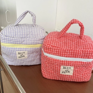 Quilted cotton gingham makeup bag set with handles and BLUE and PINK woven labels