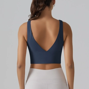Navy blue V-back sports bra and high-waisted yoga leggings set for fitness and running